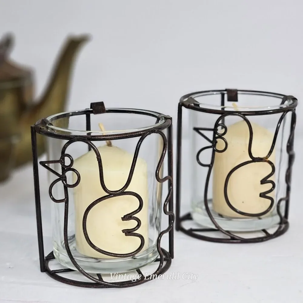 Vtg Chicken Bird Tea Light Votive Candle Holder Clear Glass Rustic Metal Holder